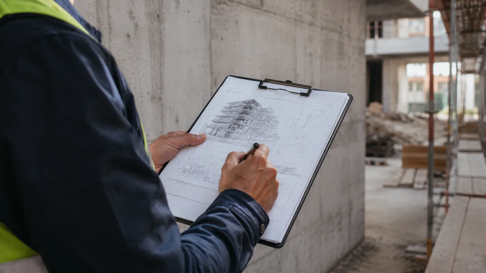 Ingegnere strutturale su un cantiere di edificio residenziale che controlla documenti tecnici con una clipboard