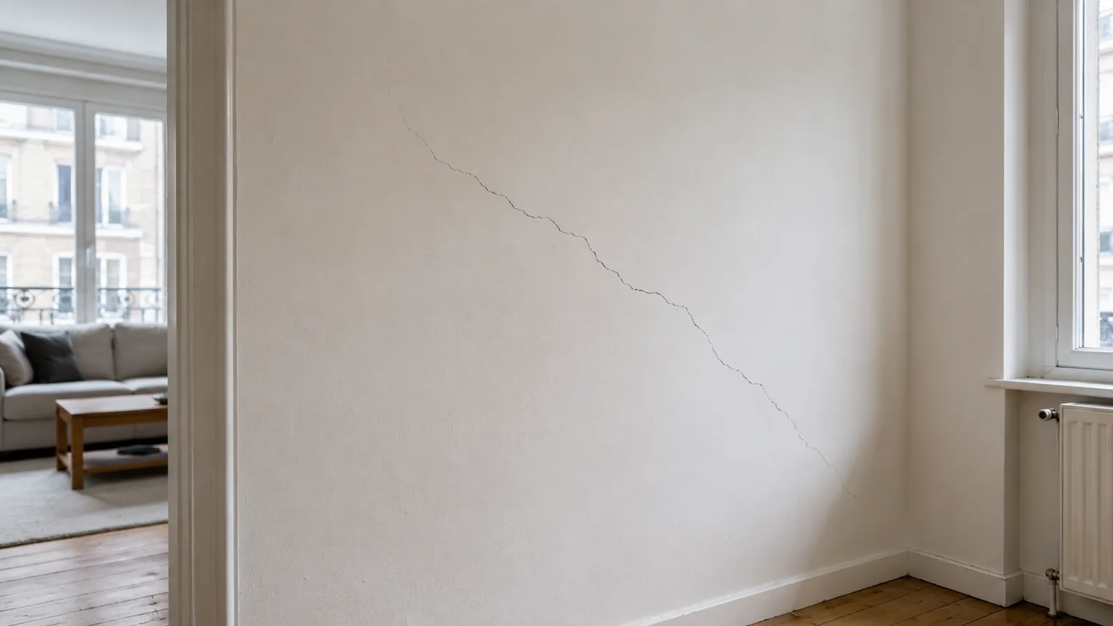 Muro interno con crepa oblique visibile, appartamento residenziale, consulente calcestruzzo