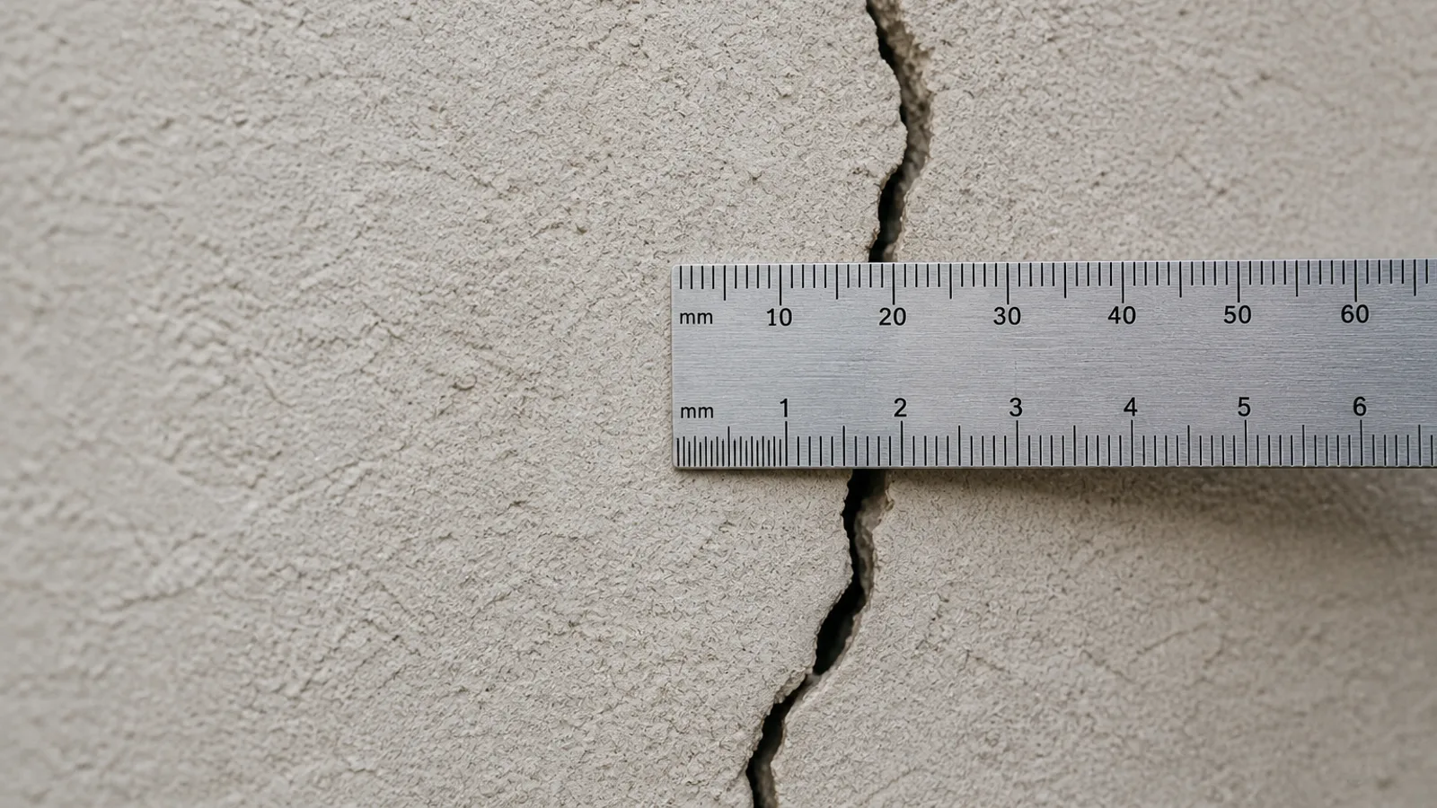 Primo piano di una crepa in un muro intonacato di un edificio residenziale, con un righello millimetrato posizionato trasvers
