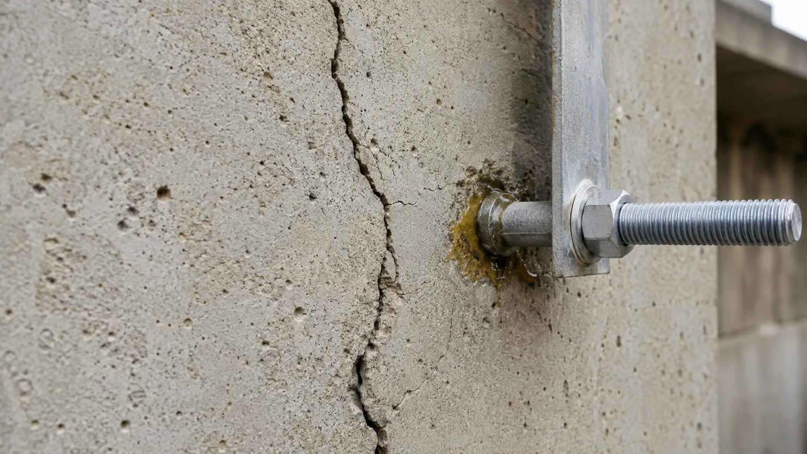 Tassello chimico installato in parete di calcestruzzo con fessura visibile, dettaglio ravvicinato