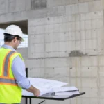 Ingegnere esamina disegni tecnici davanti alla struttura in cemento armato di un edificio
