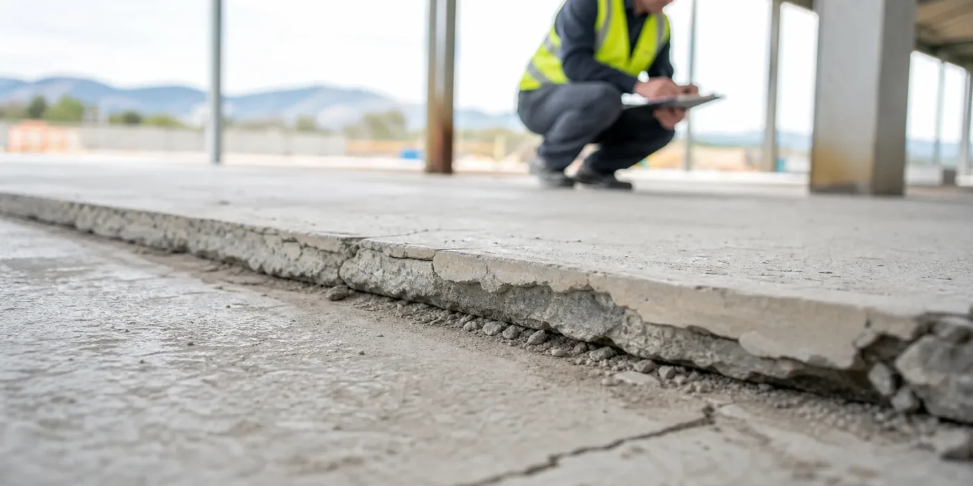 Bordo di un giunto sbeccato e delaminazione su un pavimento industriale
