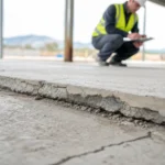 Bordo di un giunto sbeccato e delaminazione su un pavimento industriale