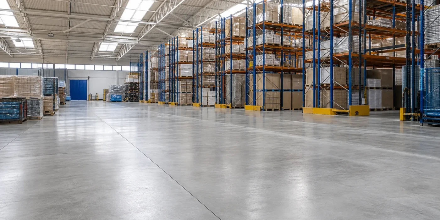 Pavimento industriale in calcestruzzo lucido in un capannone con scaffalature