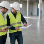 Due tecnici esaminano documenti e un tablet accanto a un pavimento industriale
