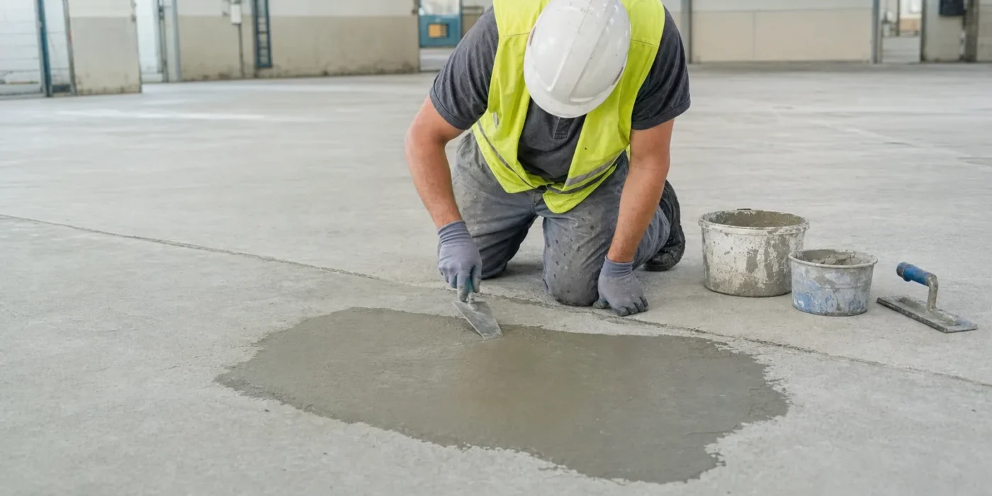 Tecnico applica malta di riparazione su un pavimento industriale in calcestruzzo