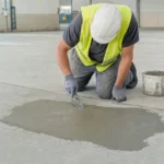 Tecnico applica malta di riparazione su un pavimento industriale in calcestruzzo