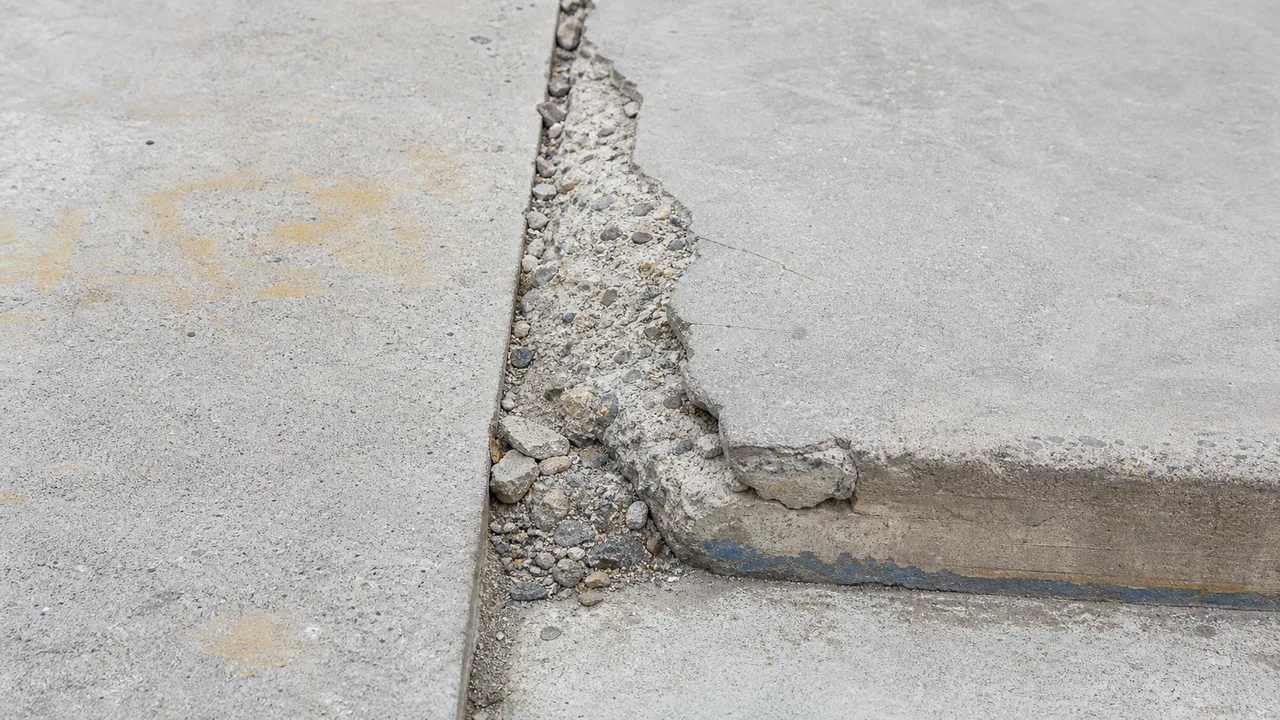 Sbeccatura (spalling) del bordo di un giunto in un pavimento industriale in calcestruzzo — difetti pavimenti industriali