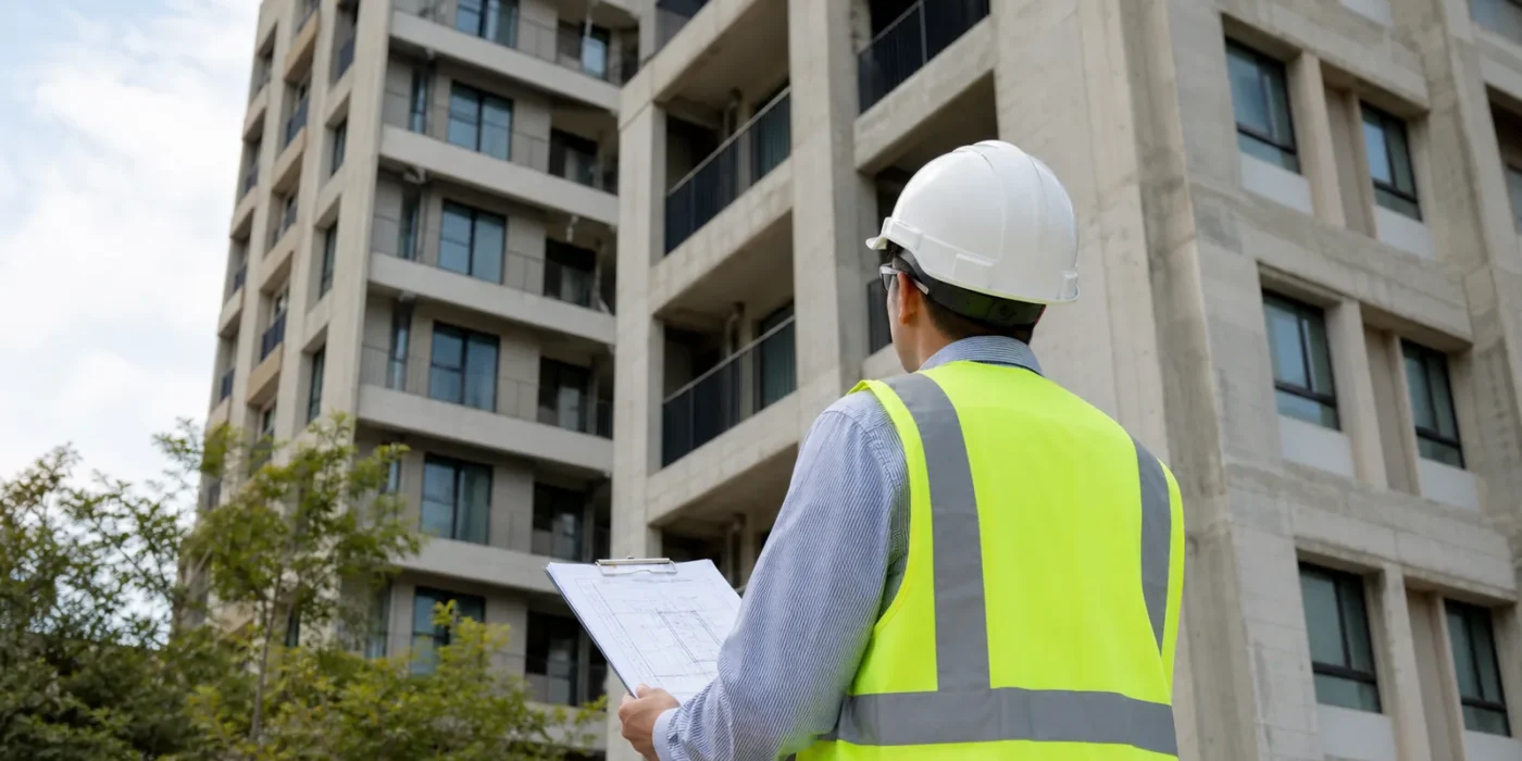 Tecnico esamina documenti e certificati davanti a un edificio in cemento armato
