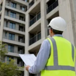 Tecnico esamina documenti e certificati davanti a un edificio in cemento armato