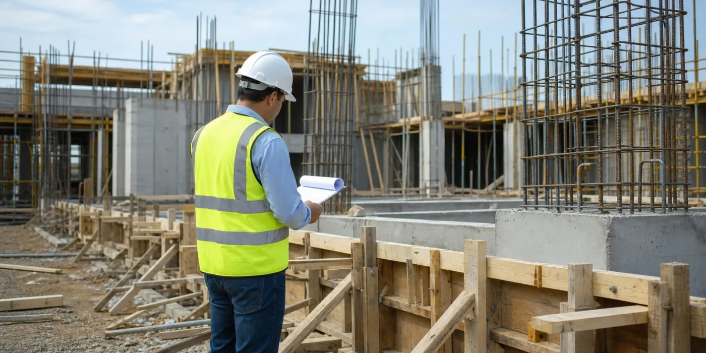 Ingegnere con report tecnico in un cantiere con getto e casseratura in cemento armato