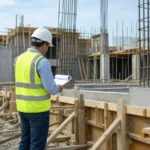 Ingegnere con report tecnico in un cantiere con getto e casseratura in cemento armato