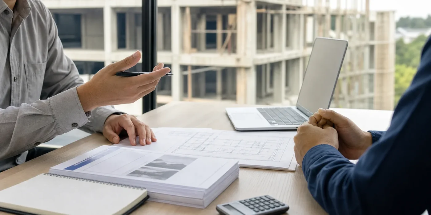Due professionisti discutono un preventivo con planimetrie, laptop e calcolatrice
