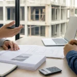Due professionisti discutono un preventivo con planimetrie, laptop e calcolatrice
