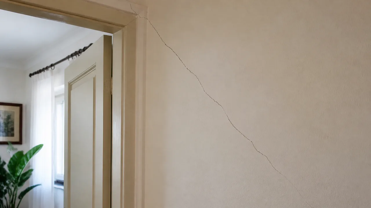 Crepa obliqua su un muro interno intonacato vicino allo spigolo di una porta