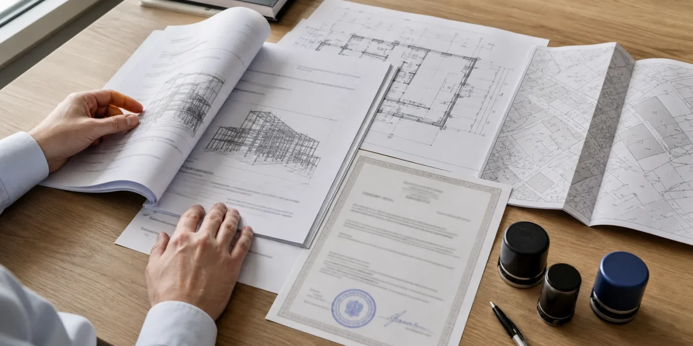 Documenti tecnici a confronto su una scrivania: relazione, planimetrie e certificato