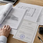 Documenti tecnici a confronto su una scrivania: relazione, planimetrie e certificato