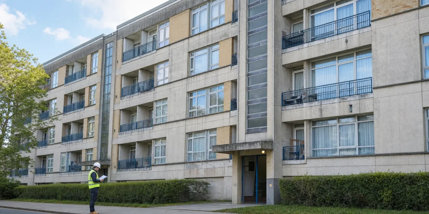 Edificio residenziale datato in cemento armato con un tecnico che consulta documenti