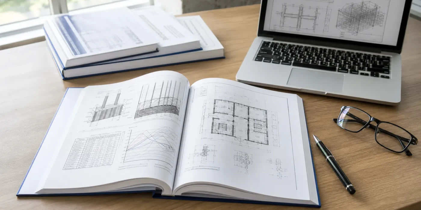 Relazione tecnica sul calcestruzzo aperta su una scrivania con grafici e planimetrie