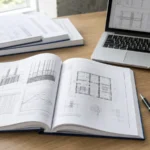Relazione tecnica sul calcestruzzo aperta su una scrivania con grafici e planimetrie