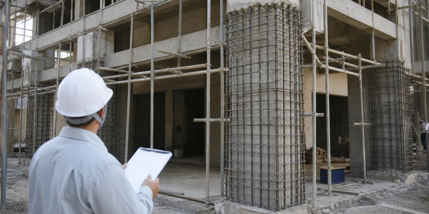 Lavori di adeguamento sismico su una struttura in cemento armato con ponteggi