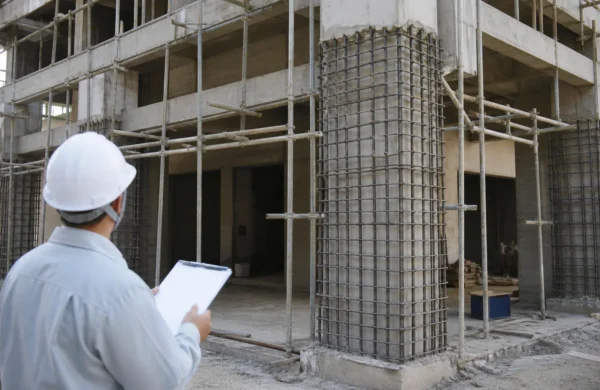 Lavori di adeguamento sismico su una struttura in cemento armato con ponteggi