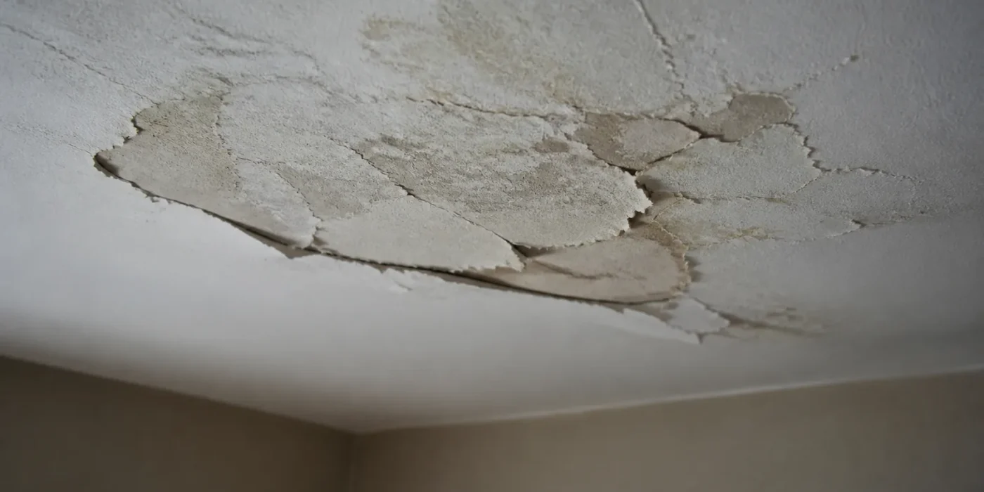 Soffitto interno con una porzione di intonaco distaccata e rigonfia