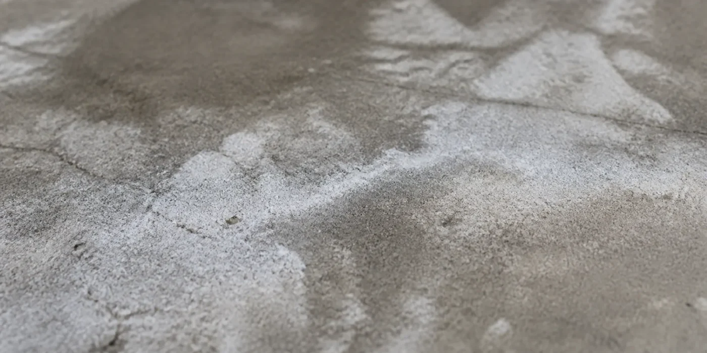Velo biancastro di efflorescenze saline su una superficie in calcestruzzo