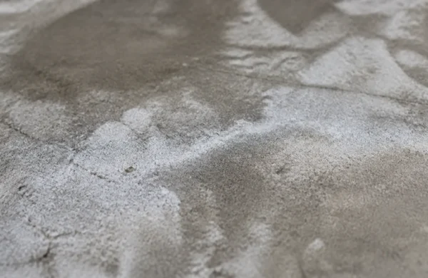 Velo biancastro di efflorescenze saline su una superficie in calcestruzzo