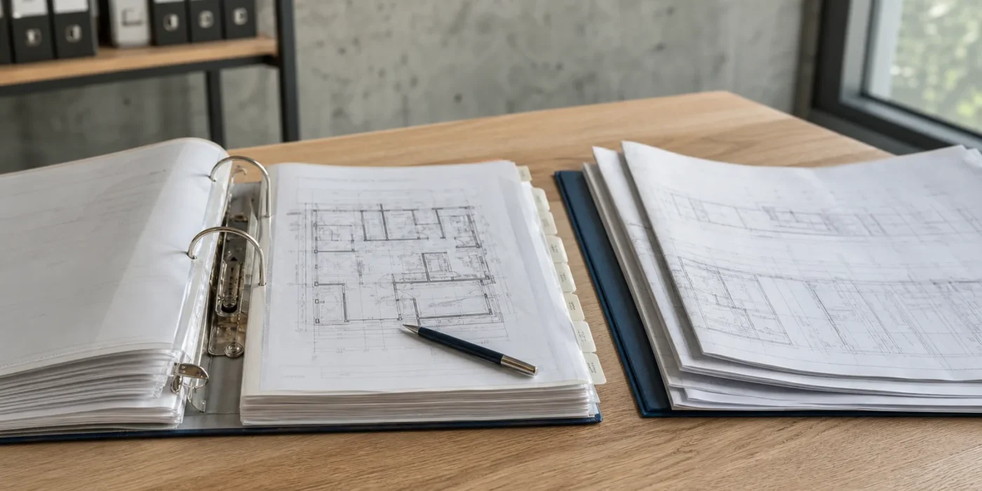 Fascicolo tecnico di un edificio aperto su una scrivania con planimetrie