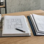 Fascicolo tecnico di un edificio aperto su una scrivania con planimetrie