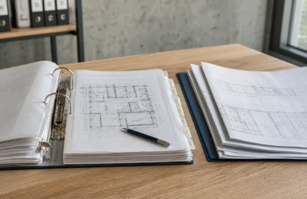 Fascicolo tecnico di un edificio aperto su una scrivania con planimetrie