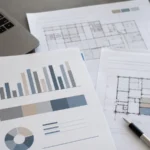 Relazione tecnica strutturale con grafici e planimetrie su una scrivania