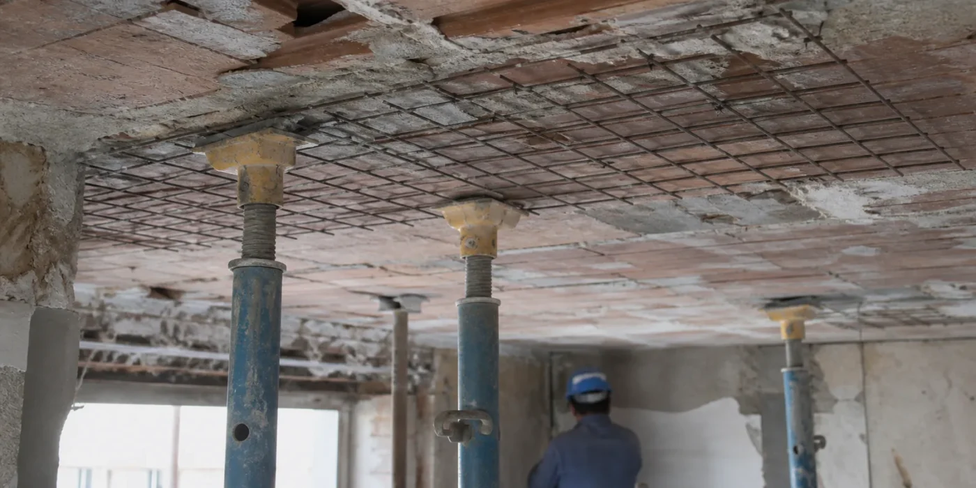 Intradosso di un solaio in laterocemento in fase di messa in sicurezza con puntelli e rete