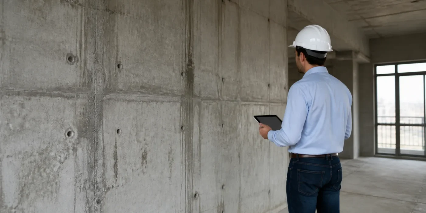 Ingegnere con tablet ispeziona una parete in cemento armato in valutazione