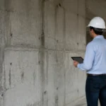 Ingegnere con tablet ispeziona una parete in cemento armato in valutazione