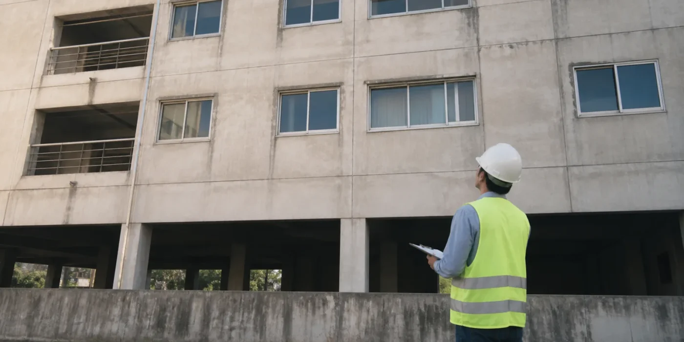 Ingegnere ispeziona la facciata in cemento armato di un edificio esistente
