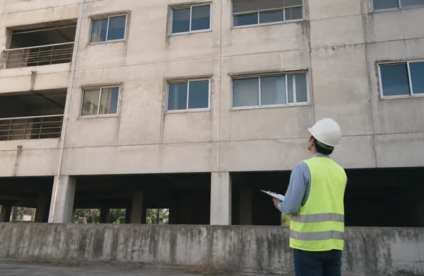 Ingegnere ispeziona la facciata in cemento armato di un edificio esistente