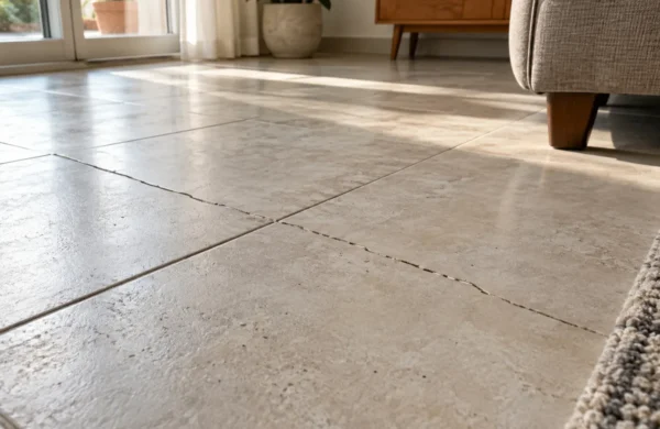 Crepa dritta che attraversa più piastrelle del pavimento di casa