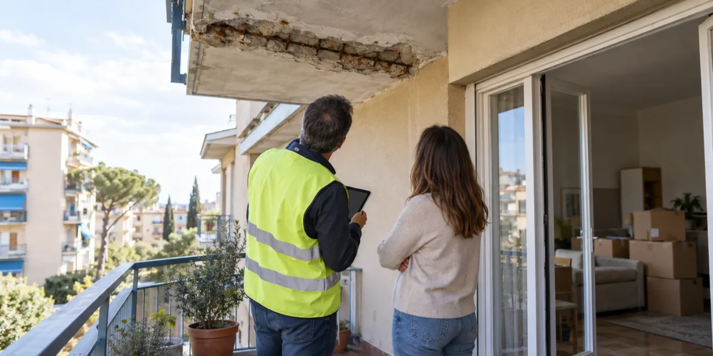 Ingegnere e proprietaria osservano un balcone con il calcestruzzo distaccato e i ferri d'armatura a vista