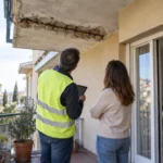 Ingegnere e proprietaria osservano un balcone con il calcestruzzo distaccato e i ferri d'armatura a vista