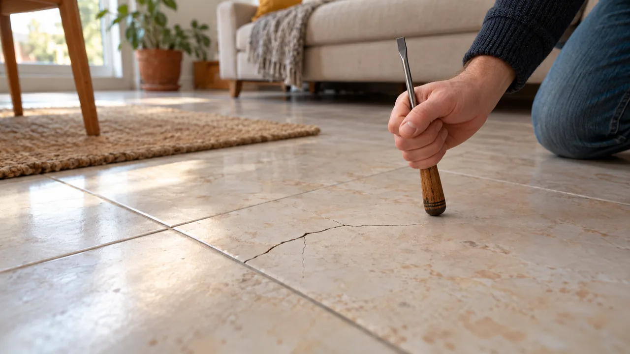 Piastrella del pavimento crepata controllata battendo con un cacciavite per sentire se suona a vuoto