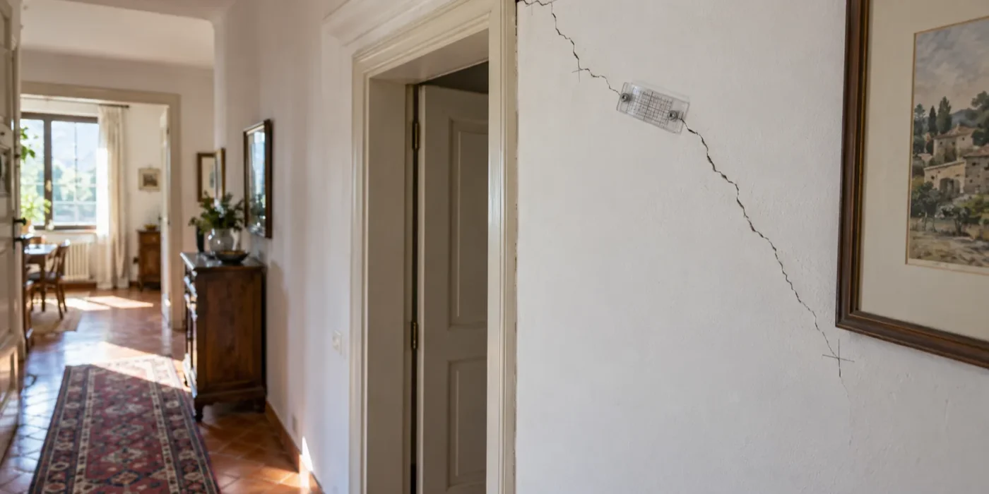 Crepa diagonale sopra una porta di casa con fessurimetro, segnale di cedimento strutturale