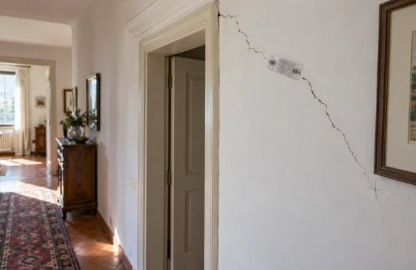 Crepa diagonale sopra una porta di casa con fessurimetro, segnale di cedimento strutturale