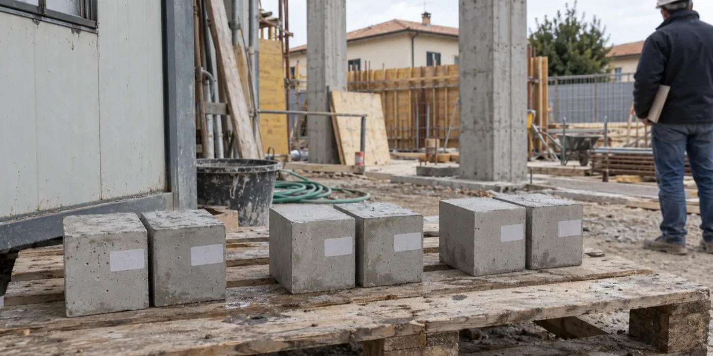 Cubetti di calcestruzzo prelevati in cantiere per il controllo di accettazione, con il direttore dei lavori che verifica i do