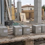 Cubetti di calcestruzzo prelevati in cantiere per il controllo di accettazione, con il direttore dei lavori che verifica i do