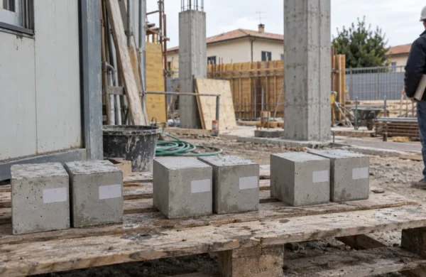 Cubetti di calcestruzzo prelevati in cantiere per il controllo di accettazione, con il direttore dei lavori che verifica i do