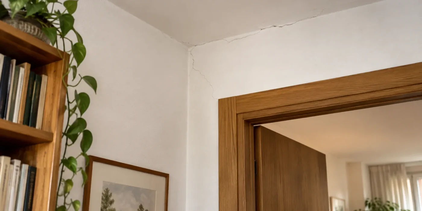Crepe sottili nell'intonaco interno attorno al telaio di una porta, in una stanza abitata