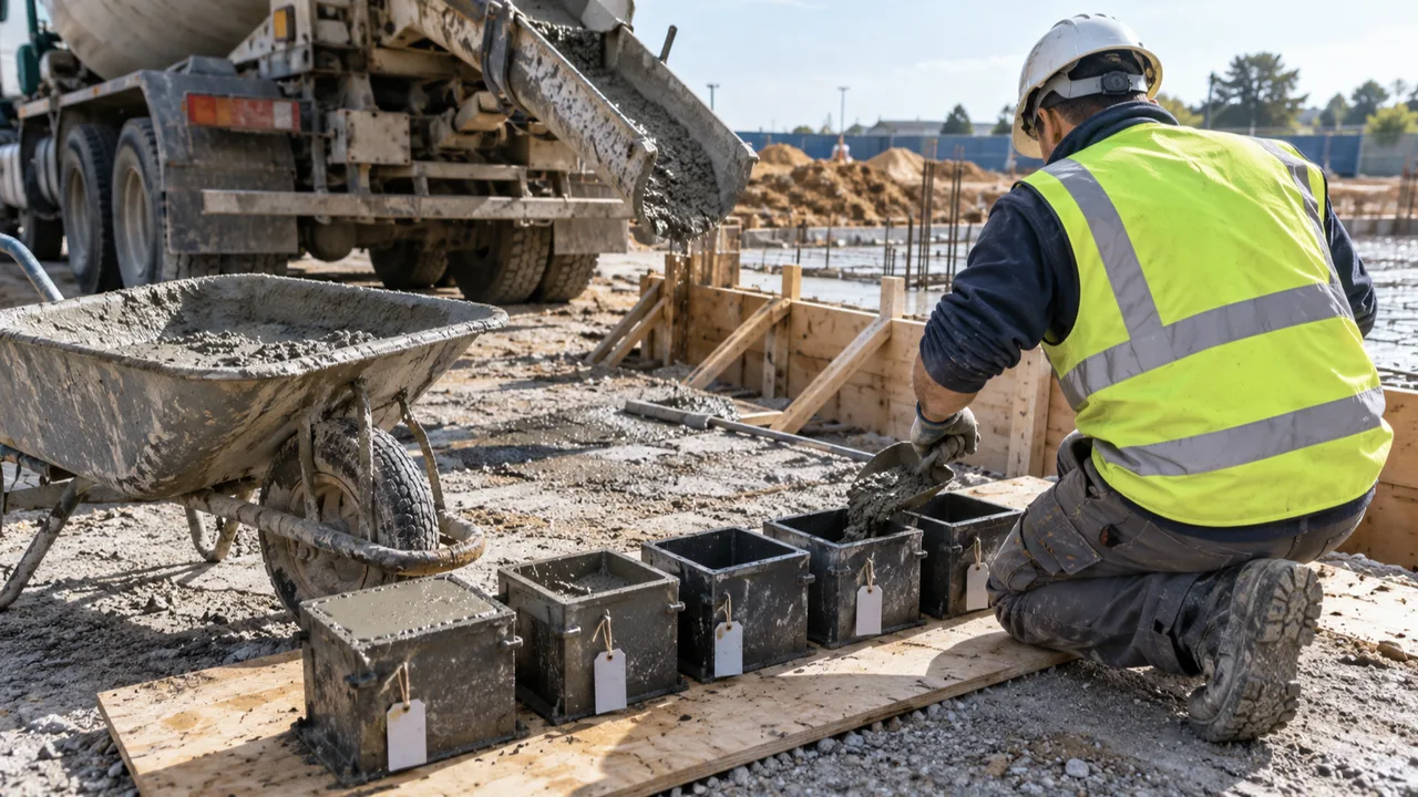 Prelievo di calcestruzzo fresco e confezione dei cubetti per il controllo di accettazione in cantiere